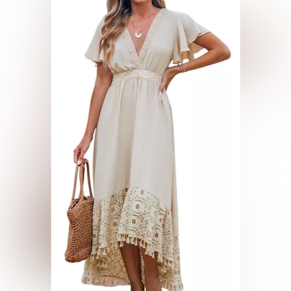 Cupshe Cream Short Sleeve Crochet Trim Hi Low Dress Size XS